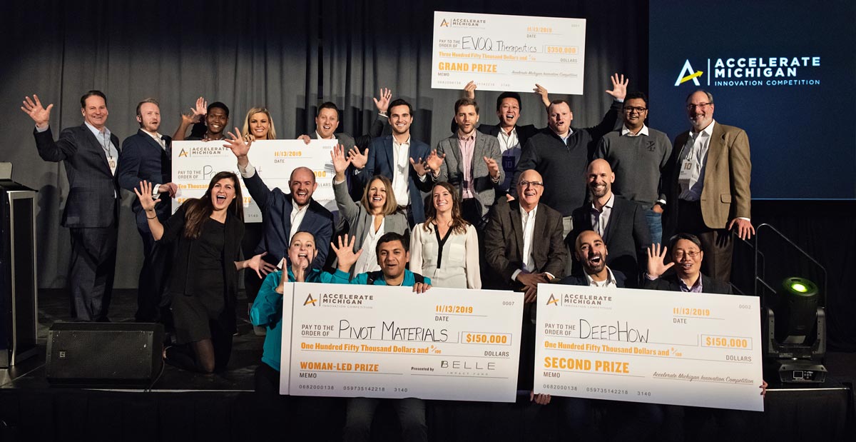 Group of Accelerate Michigan Winners gathered on stage